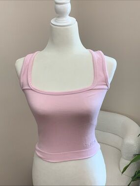 bebe Pink Ribbed Square-Neck Tank with Logo Crystal Detail Y2K
